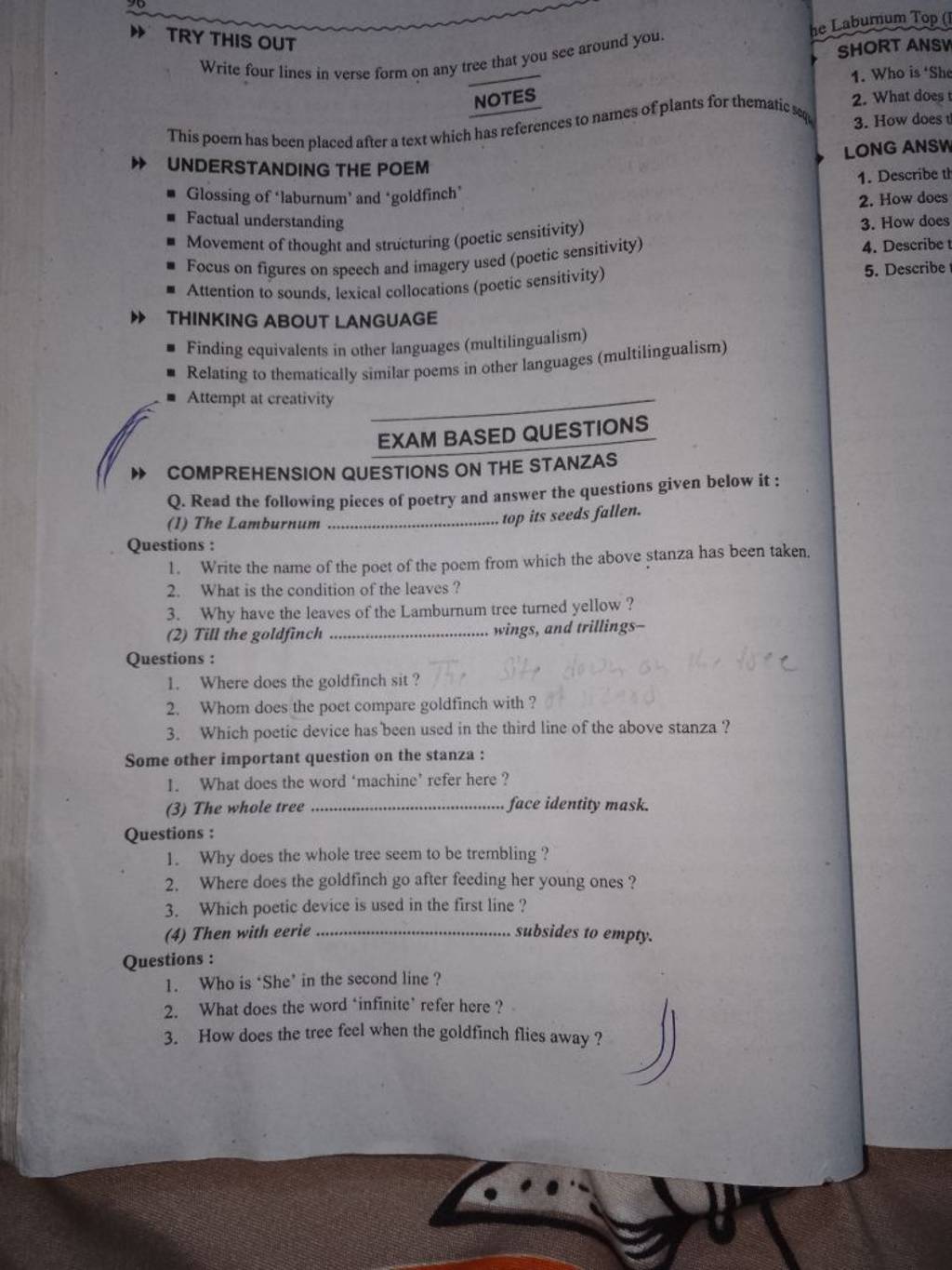 UNDERSTANDING THE POEM - Glossing of 'laburnum' and 'goldfinch' - Factual..