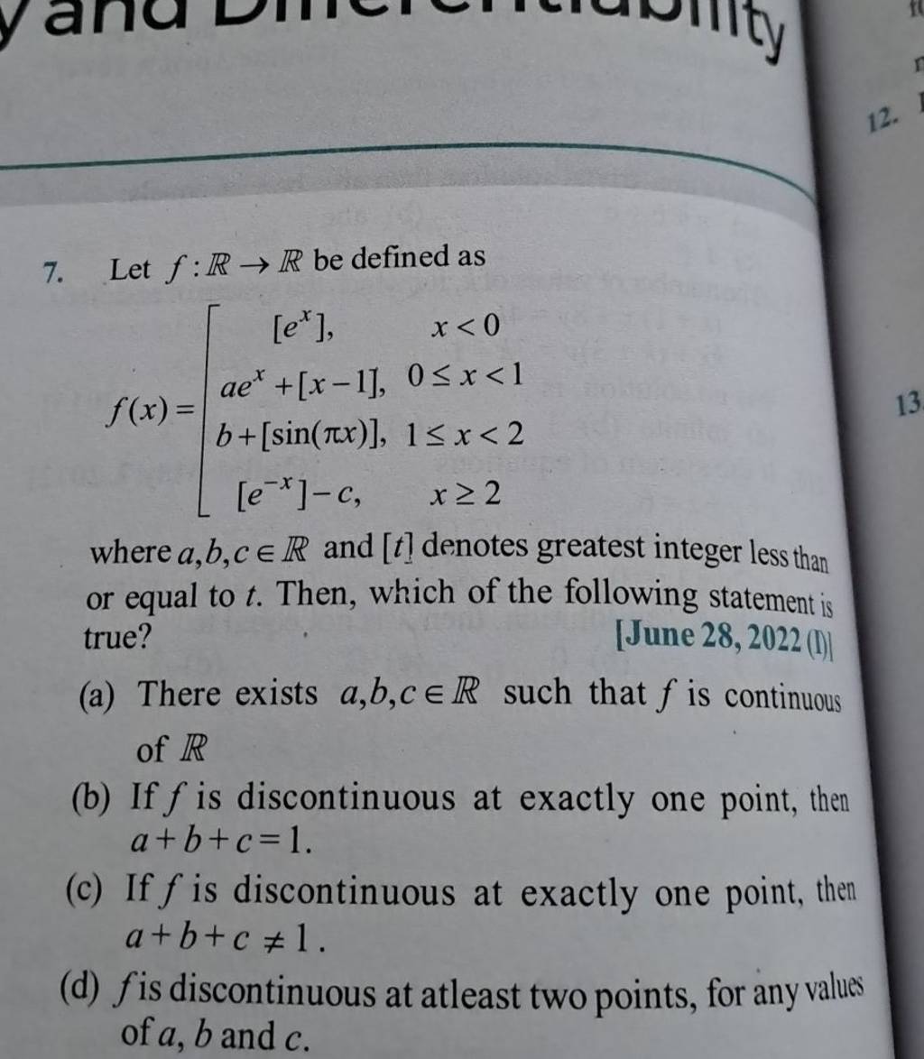 Let F R→r Be Defined As F X ⎣⎡ [ex] Aex [x−1] B [sin πx ] [e−x]−c X