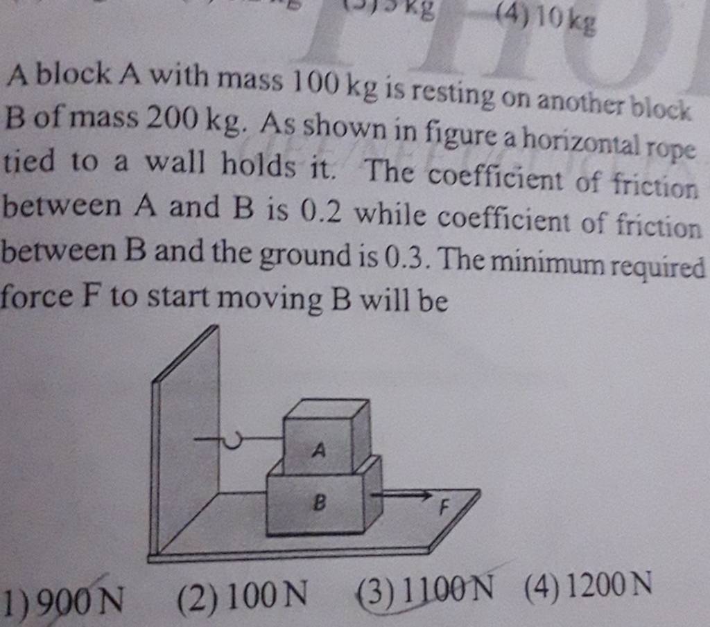 A Block A With Mass 100 Kg Is Resting On Another Block B Of Mass 200 Kg.