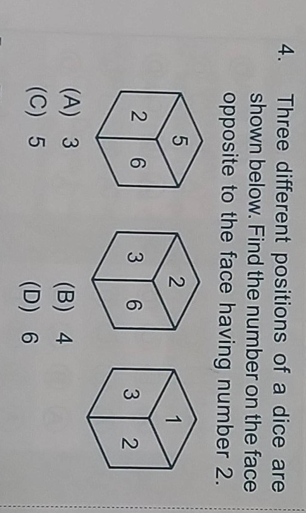 Three different positions of a dice are shown below. Find the number on t..