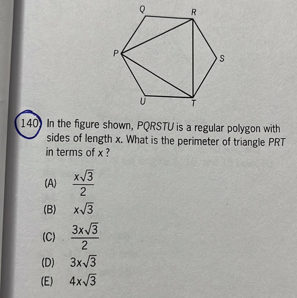 In the figure shown, PQRSTU is a regular polygon with sides of length x...