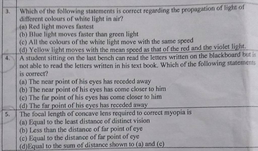 The focal length of concave lens required to correct myopia is Filo