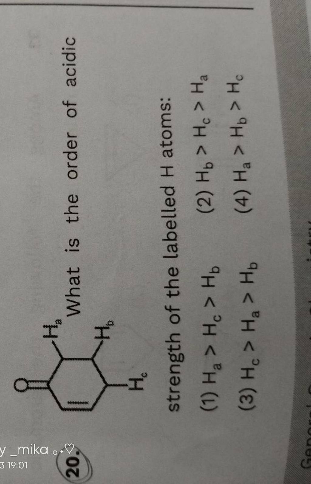 What is the order of acidic strength of the labelled H atoms Filo