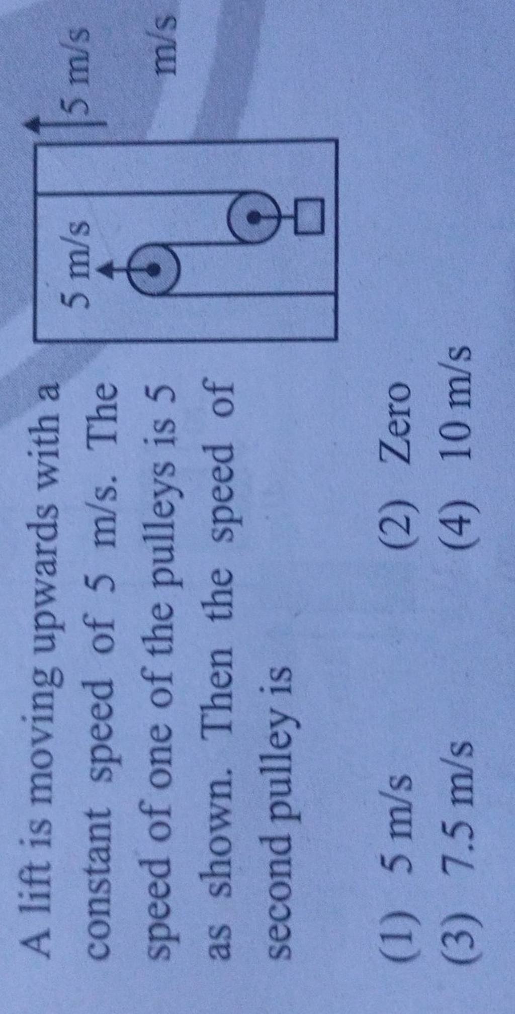 A lift is moving upwards with a constant speed of 5 m/s. The speed of one..