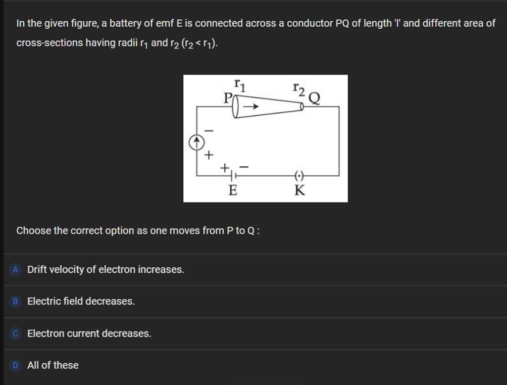 In the given figure, a battery of emf E is connected across a conductor P..