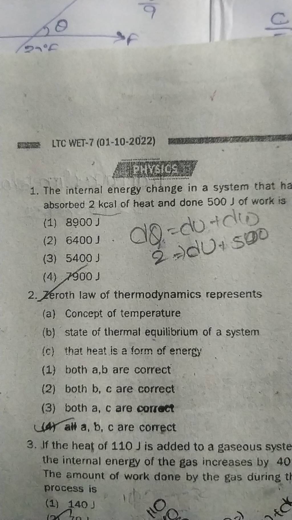 Zeroth Law Of Thermodynamics Represents (a) Concept Of Temperature (b) St..