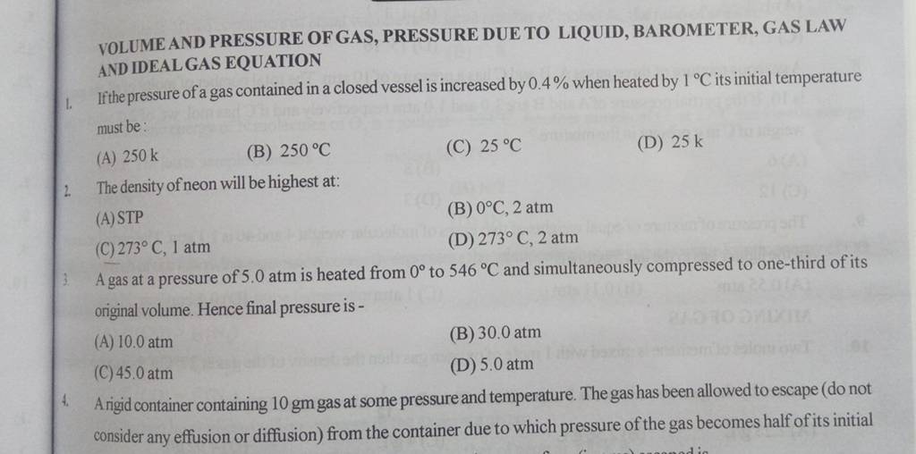 VOLUME AND PRESSURE OF GAS, PRESSURE DUE TO LIQUID, BAROMETER, GAS LAW AN..