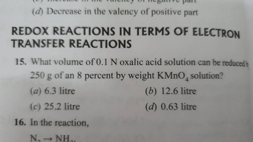 REDOX REACTIONS IN TERMS OF ELECTRON TRANSFER REACTIONS 15. What volume o..