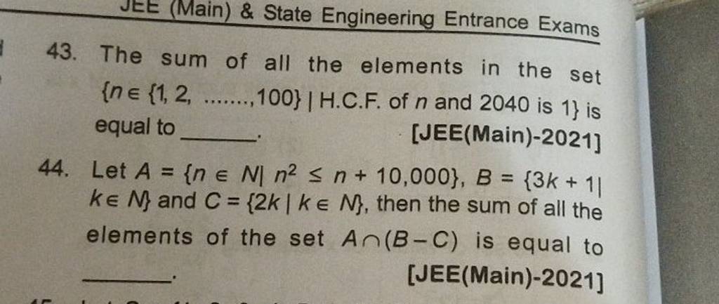 43. The sum of all the elements in the set {n∈{1,2,……,100}∣ H.C.F. of n a..