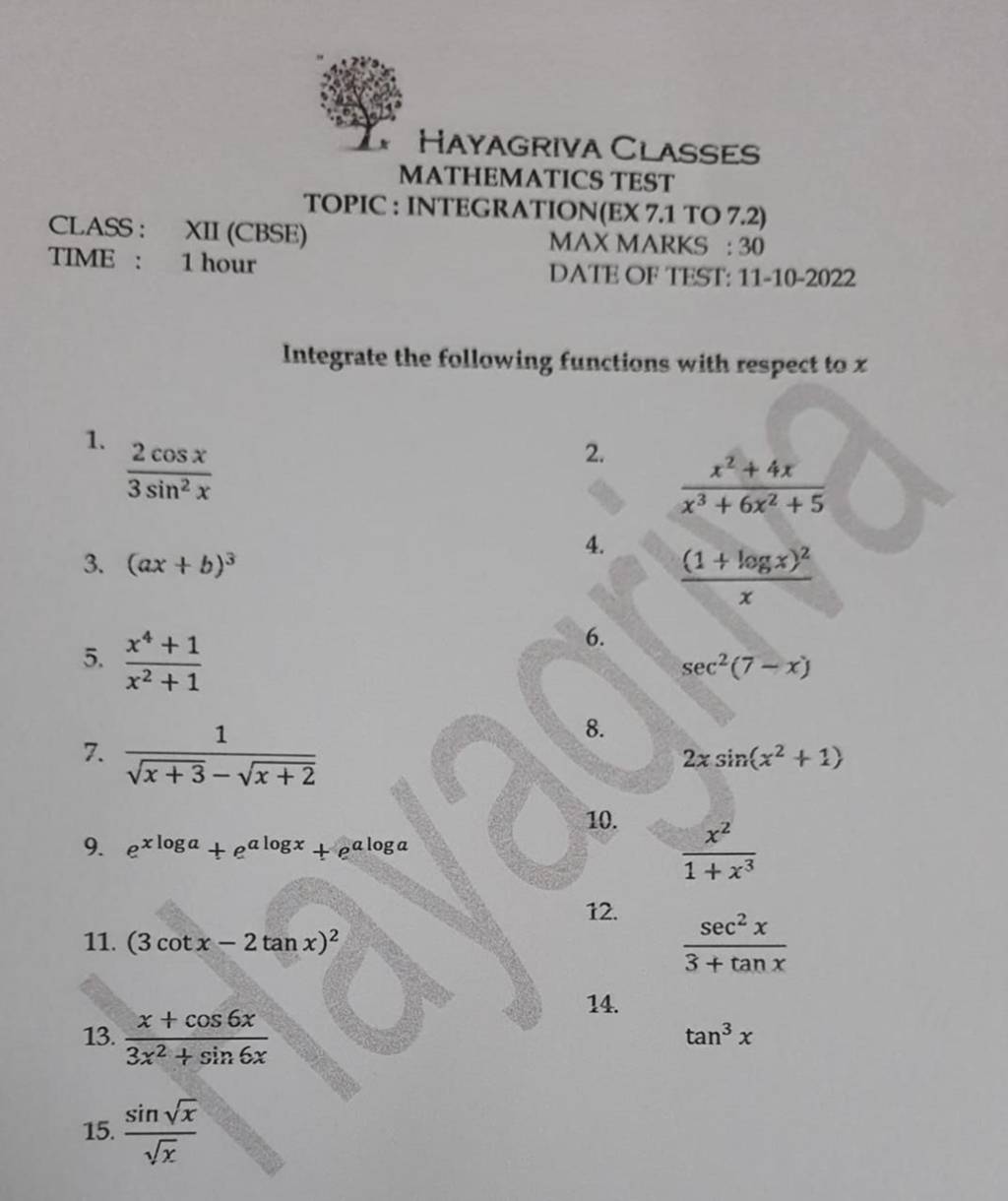 MATHEMATICS TEST CLASS TIME INTEGRATION(EX 7.1 TO 7.2) MAX MARKS