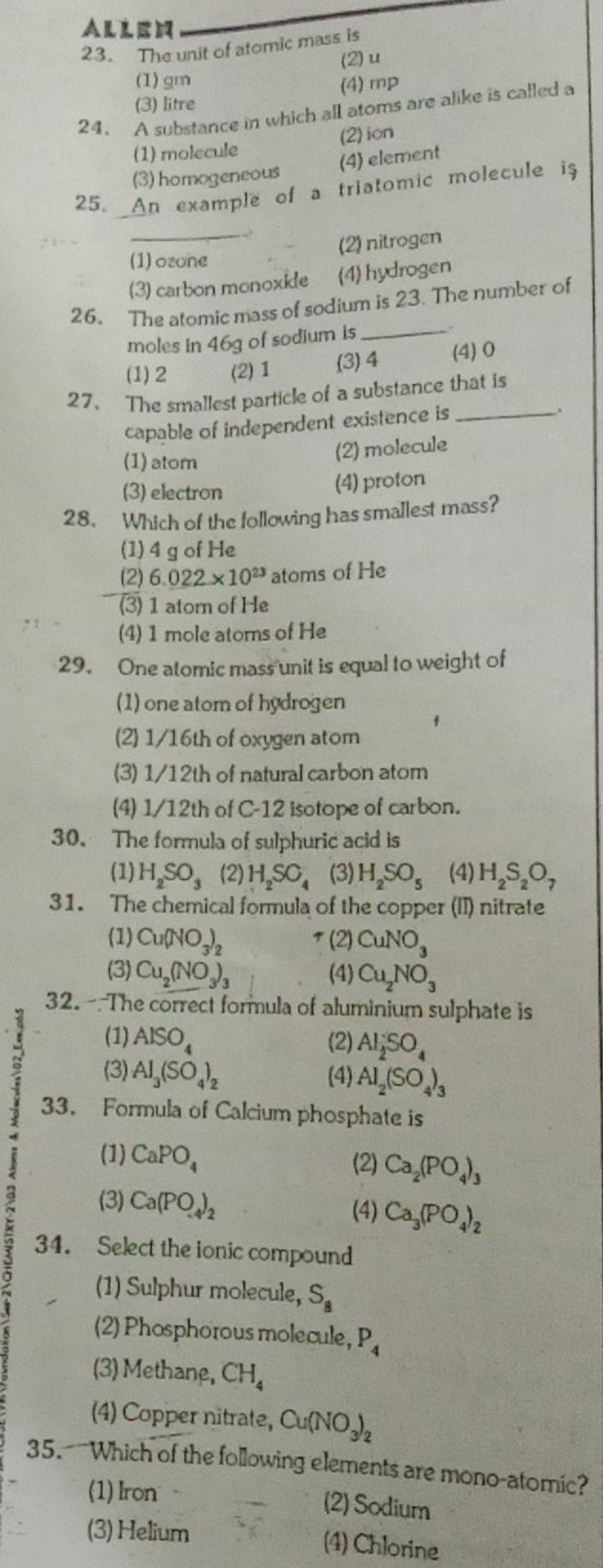 one-atomic-mass-unit-is-equal-to-weight-of-filo