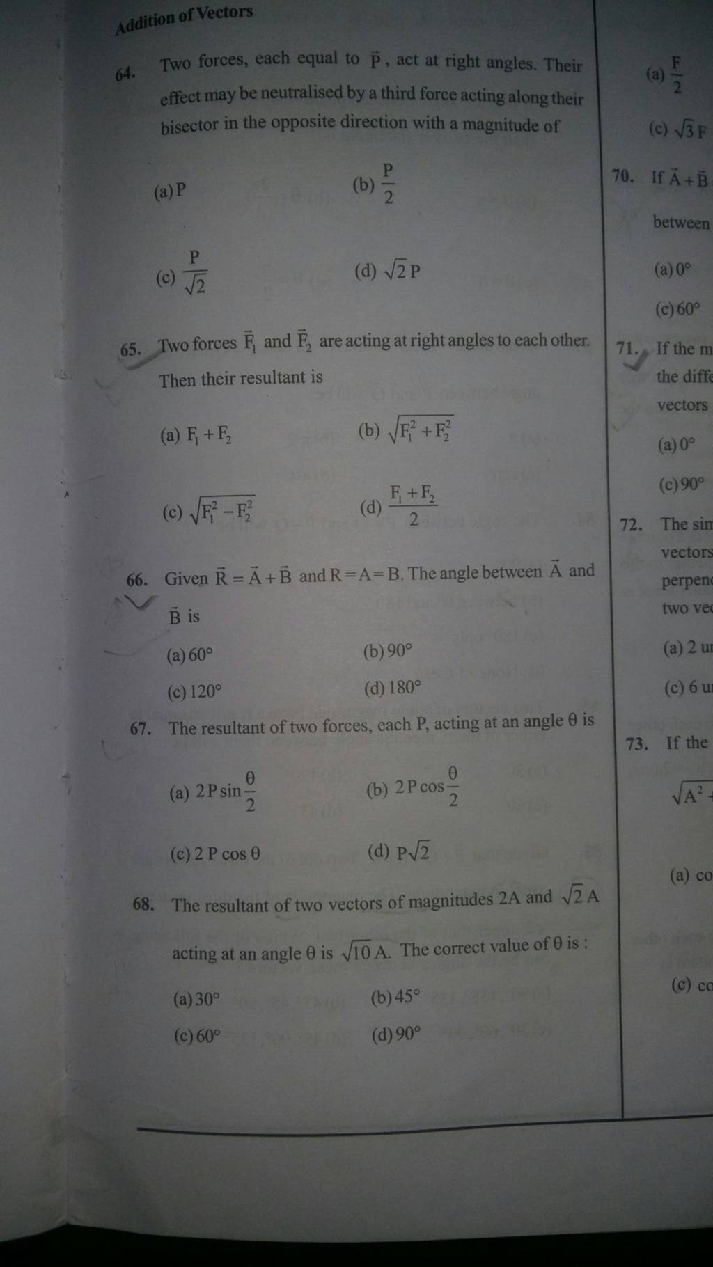 The resultant of two forces each p acting at an angle is filo