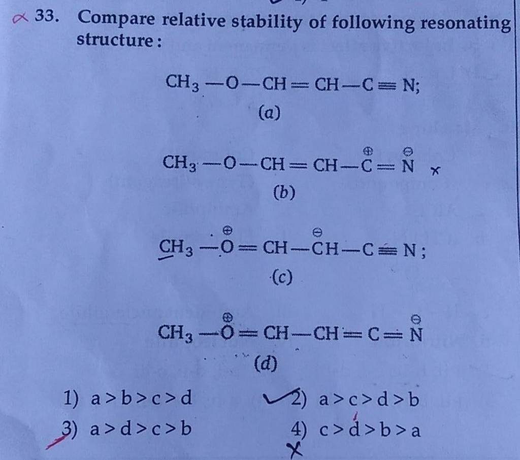 Compare Relative Stability Of Following Resonating Structure: CH3 −O−CH=C..