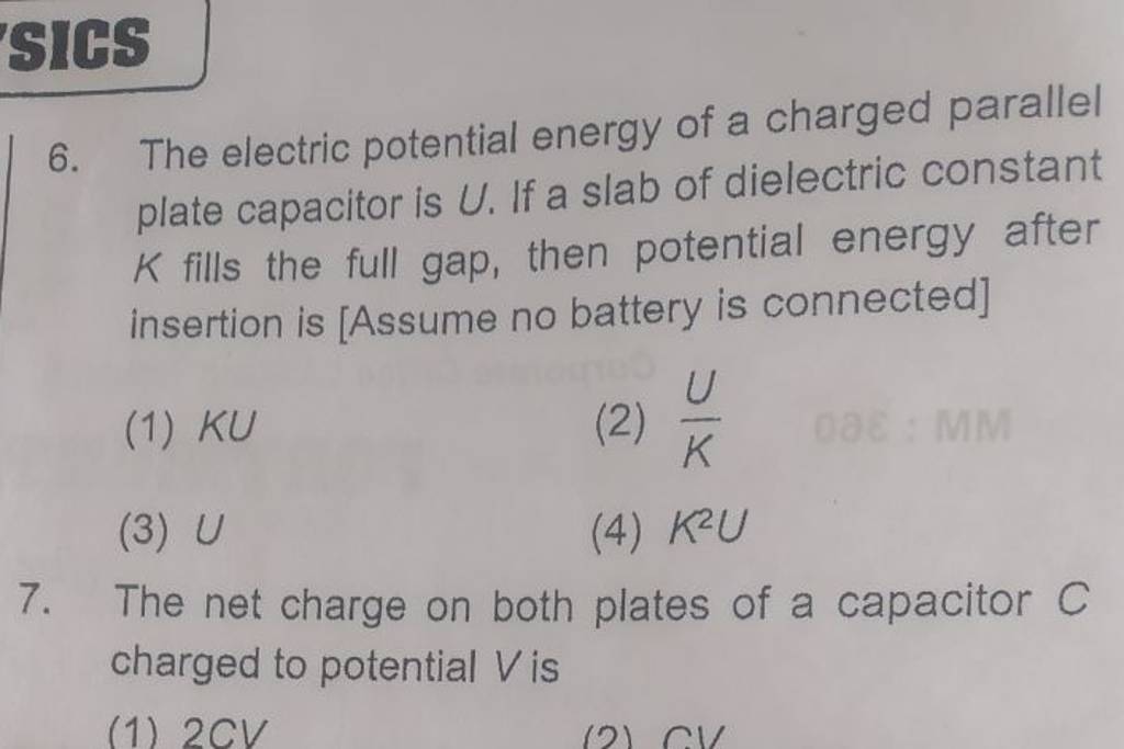 The electric potential energy of a charged parallel plate capacitor is U...