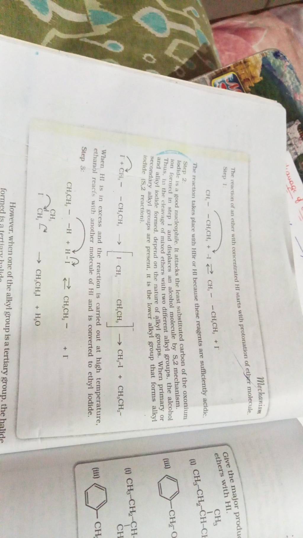 The reaction of an ether with concentrated HI starts with protonation of