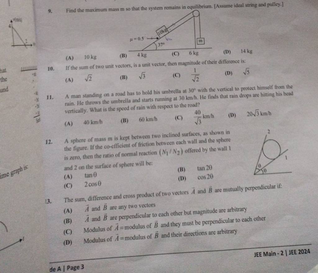 (A) 40 km/h (B) 60 km/h 12. A sphere of mass m is kept between two inc..