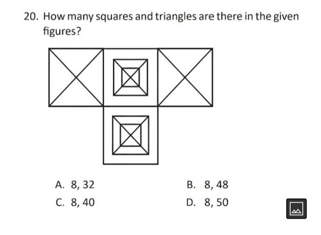 How many squares and triangles are there in the given figures? | Filo