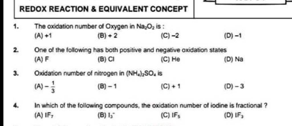 Redox Reaction And Equivalent Concept 1 The Oxidation Number Of Oxygen In 5695