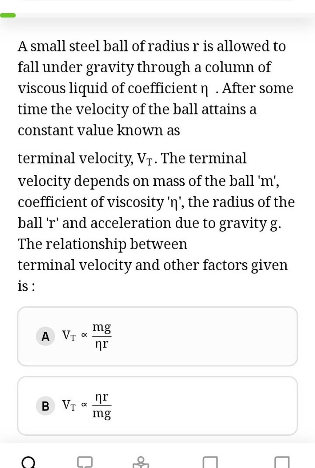 A small steel ball of radius r is allowed to fall under gravity through a..