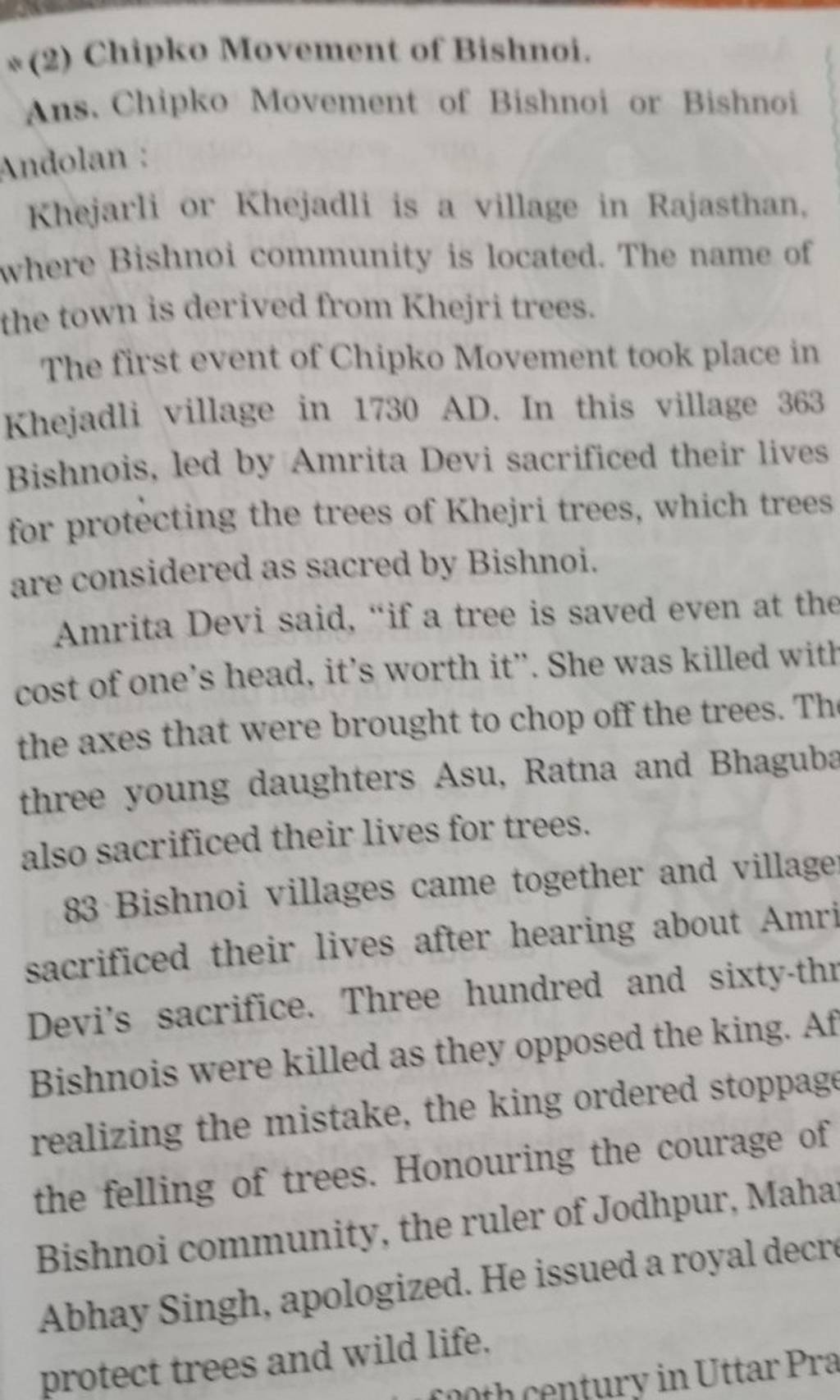 * (2) Chipko Movement Of Bishnoi. Ans. Chipko Movement Of Bishnoi Or Bish..