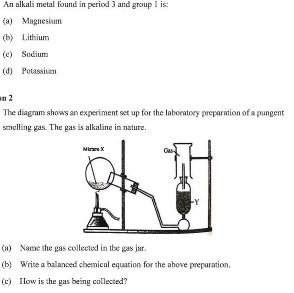 The diagram shows an experiment set up for the laboratory preparation of