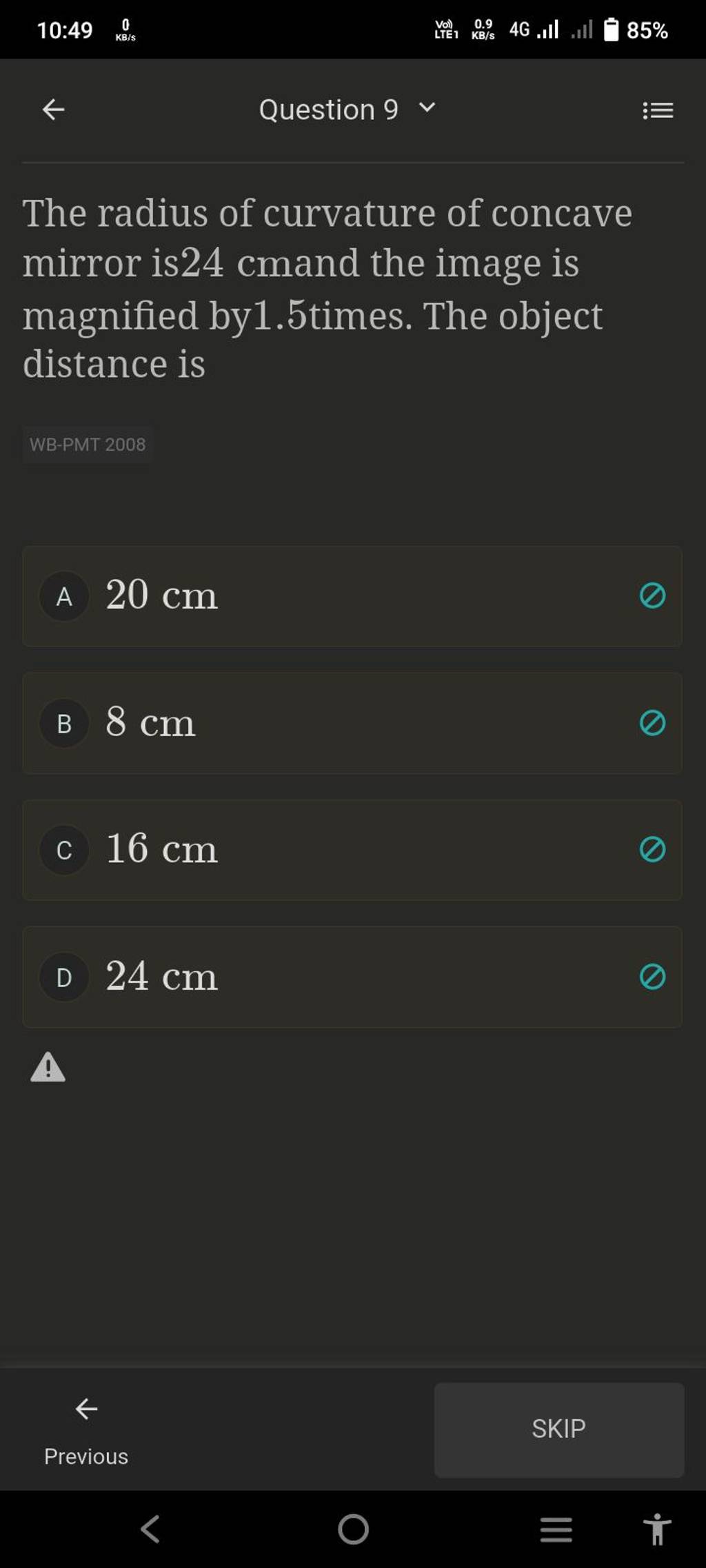 The radius of curvature of concave mirror is 24 cmand the image is magnif..