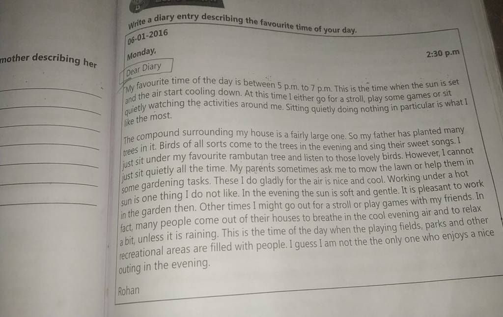 Write A Diary Entry Describing The Favourite Time Of Your Day 06 01 2016 