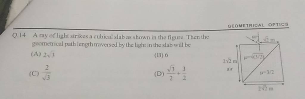 Q.14 A ray of light strikes a cubical slab as shown in the figure. Then t..