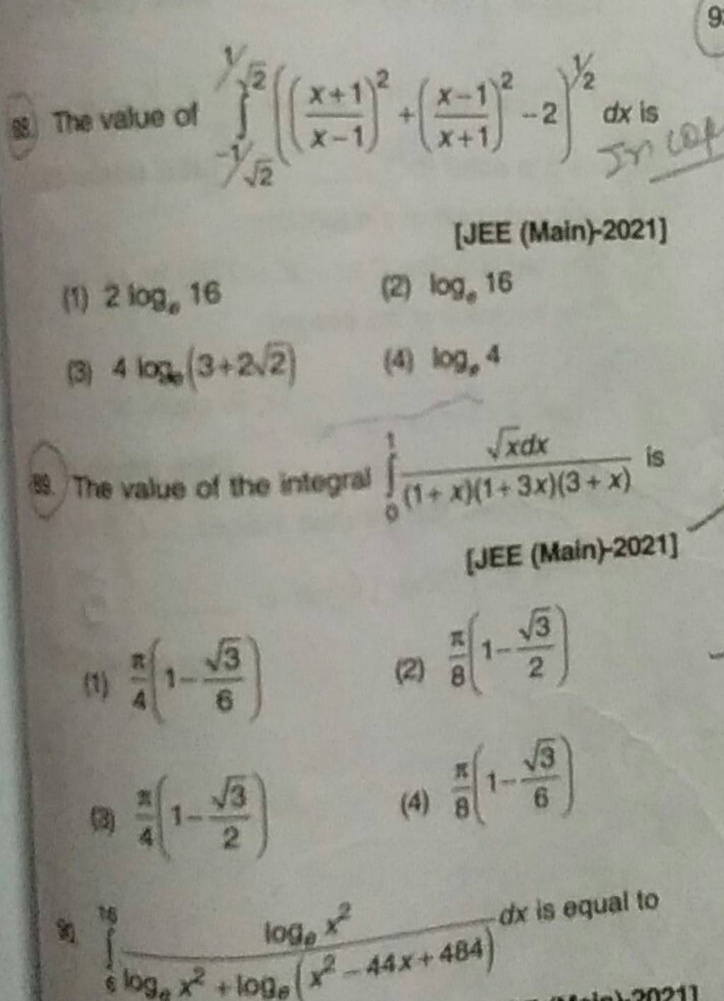 The value of ∫−1/2​2​​((x−1x+1​)2+(x+1x−1​)2−2)1/2dx is sr2 (of [JEE (