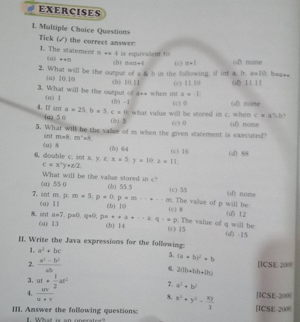 EXERCISES I. Multiple Choice Questions Tick ( ) the correct answer: 1. Th..