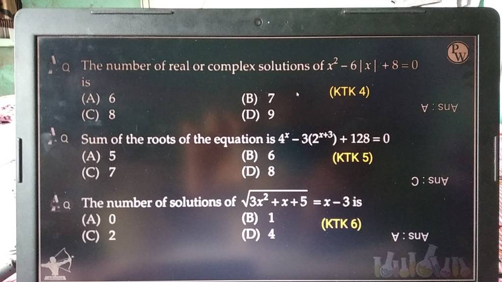 "Q The number of real or complex solutions of x2−6∣x∣+8=0 is