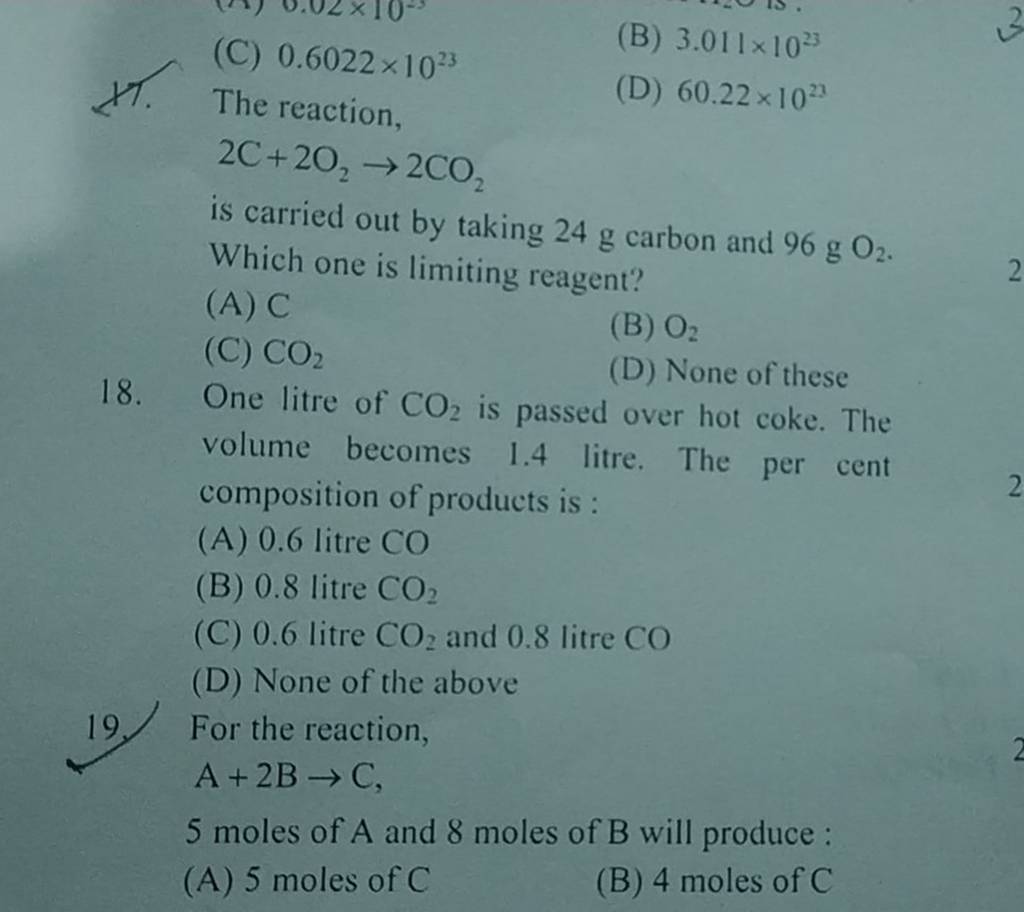 The reaction, 2C+2O2 →2CO2 is carried out by taking 24 g carbon and 96 g..