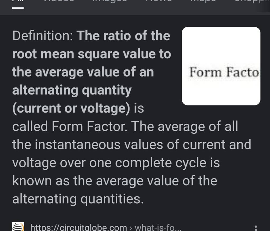 Definition the ratio of the root mean square value to the average value