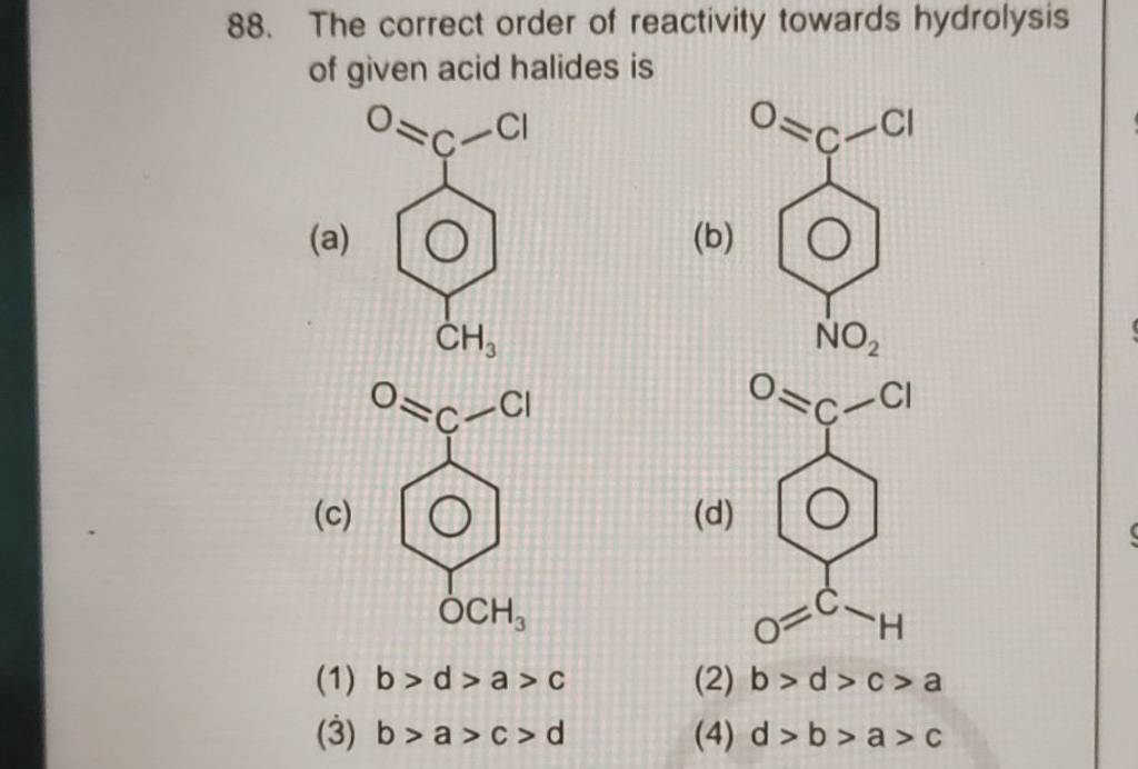 The Correct Order Of Reactivity Towards Hydrolysis Of Given Acid Halides