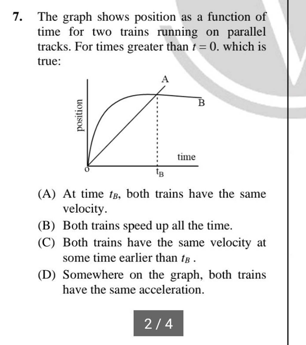 The graph shows position as a function of time for two trains running on