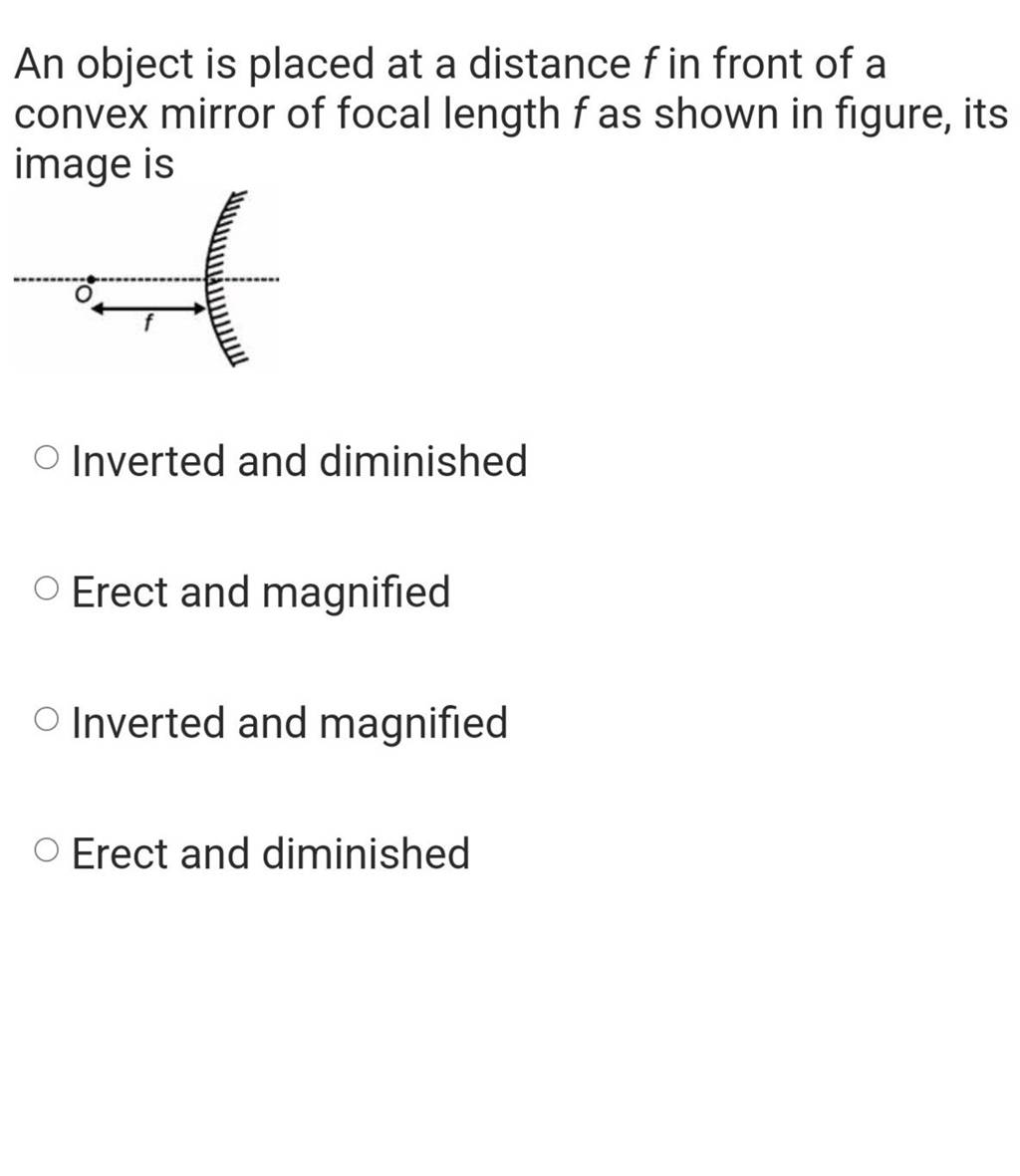 An object is placed at a distance f in front of a convex mirror of focal