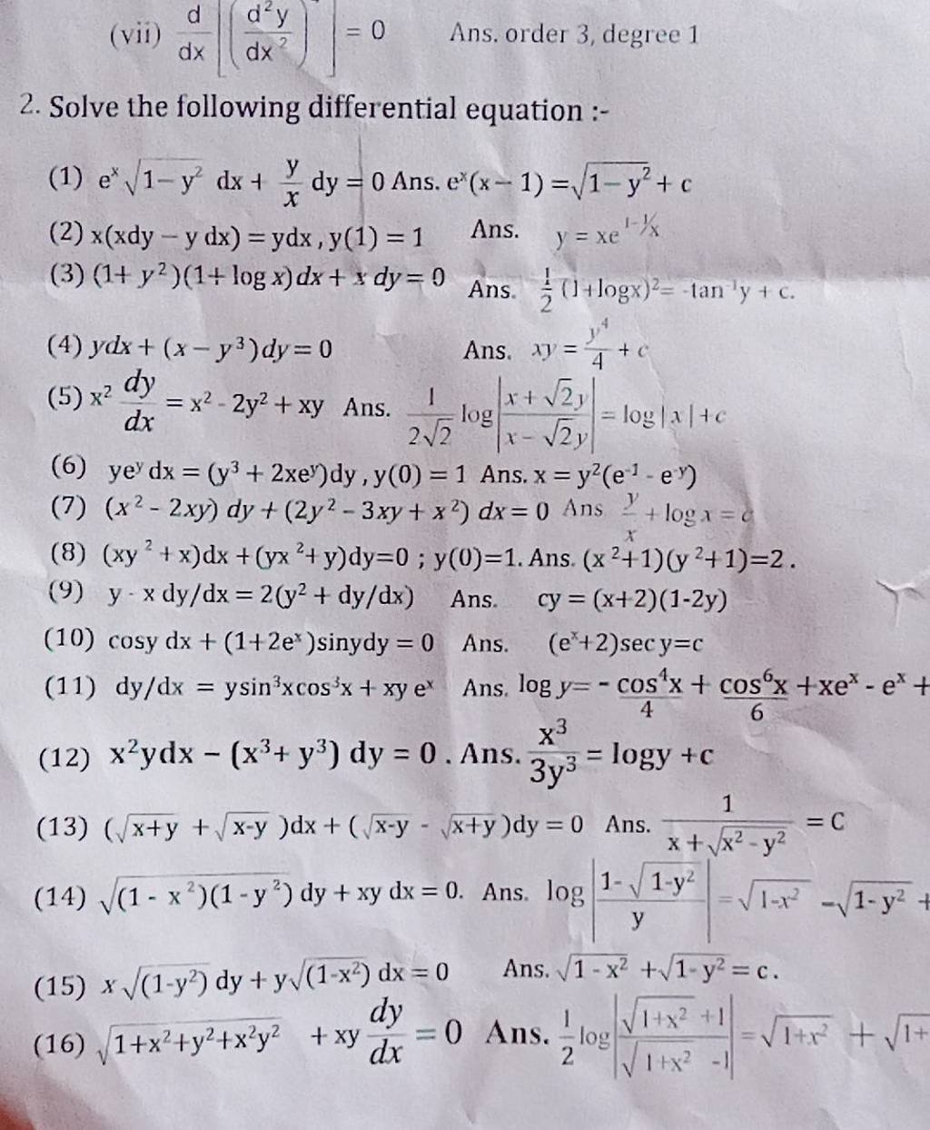 Dxd [ Dx2d2y ] 0 Ans Order 3 Degree 1 2 Solve The Following Differe