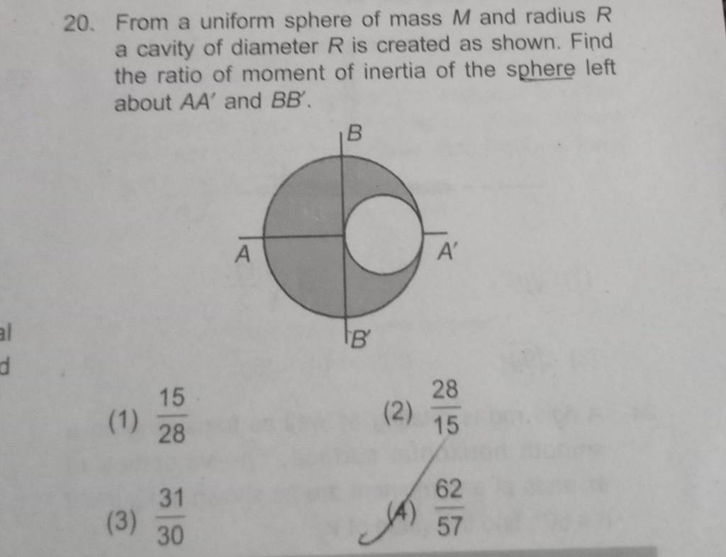 From a uniform sphere of mass M and radius R a cavity of diameter R is cr..