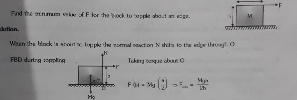 Find the minimum value of F for the block to topple about an edge. When t..