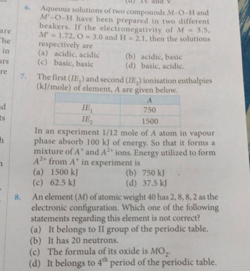 The first (IE1 ) and second (IE2 ) ionisation enthalpies (kJ/mole) of ele..