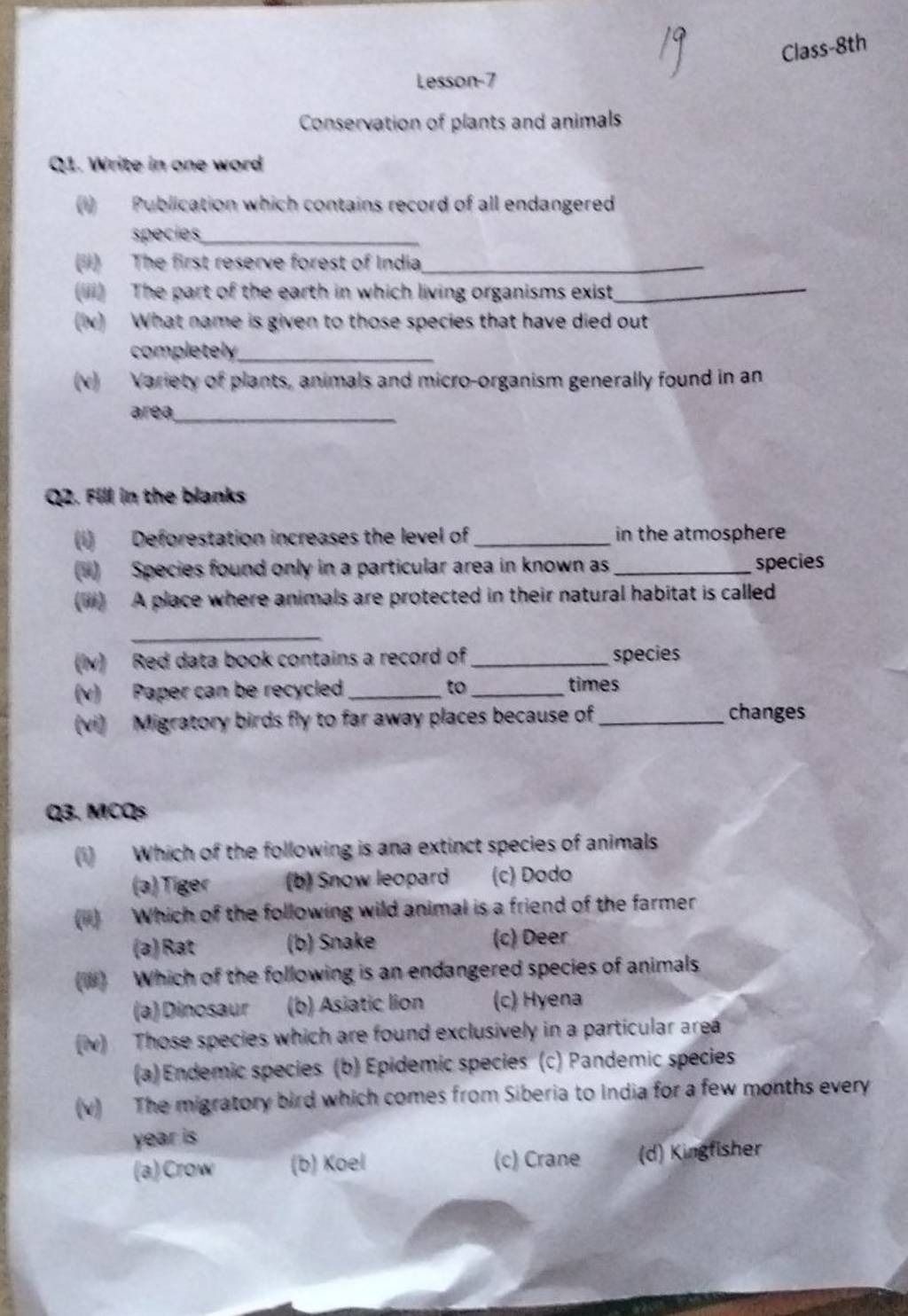 Lesson-7 Class-8th Consecvation of plants and animals Q1. Weite it one wo..