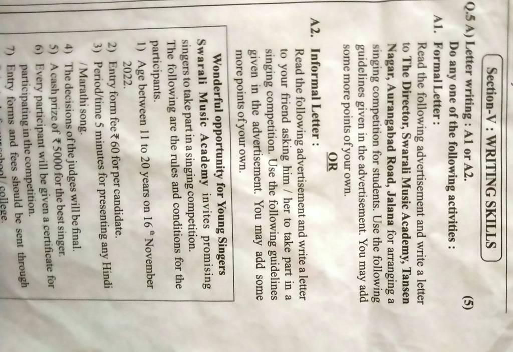 Section-V : WRITING SKILLS Q.5 A) Letter writing : A1 or A2. Do any one o..