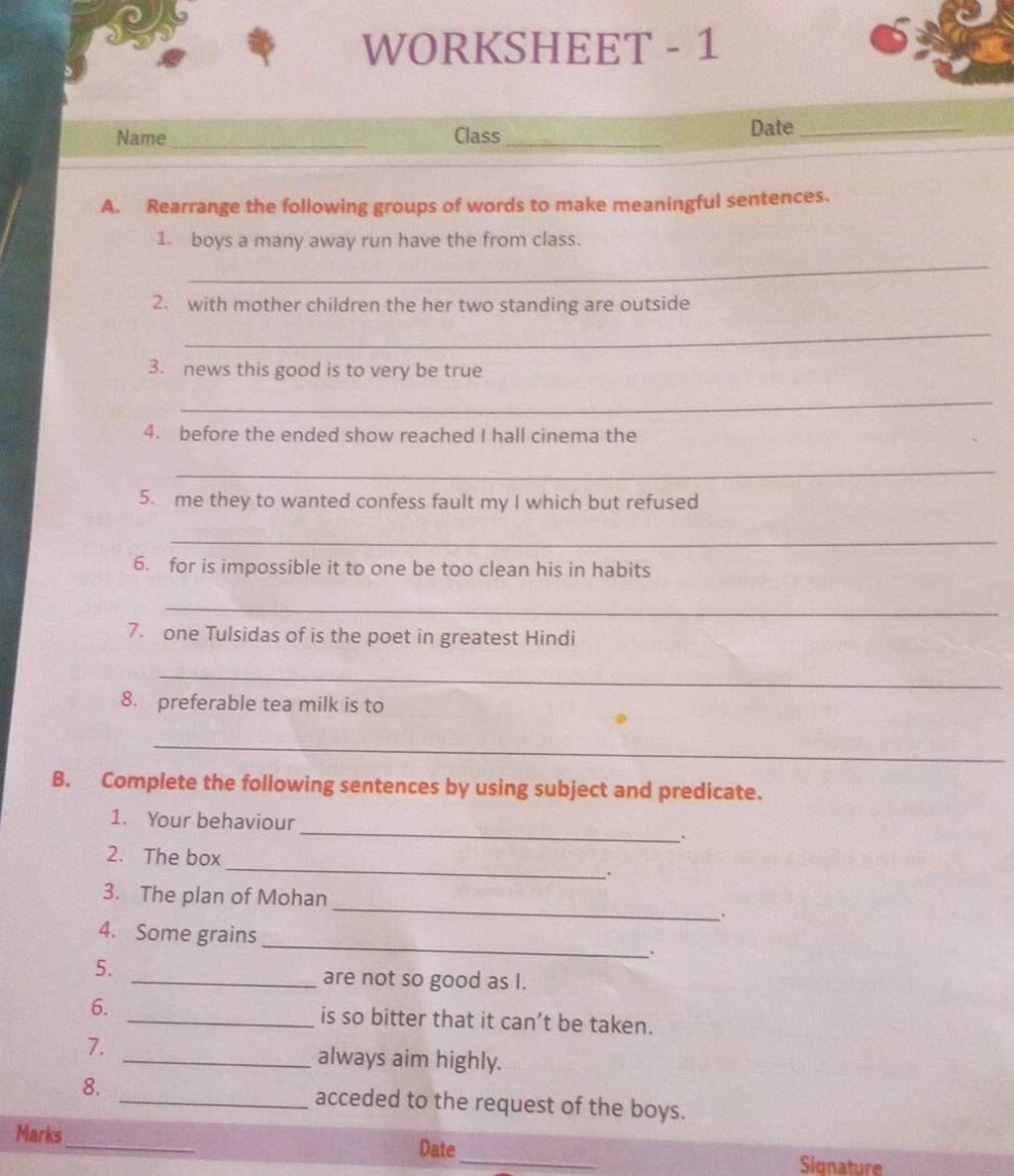 English Worksheet For Class 2 Rearrange Sentences