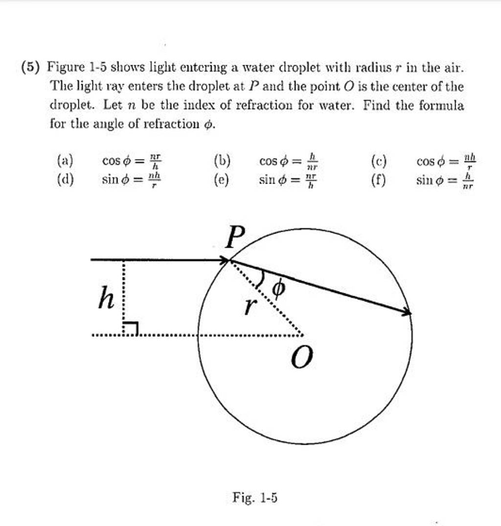 (5) Figure 15 shows light entering a water droplet with radius r in the