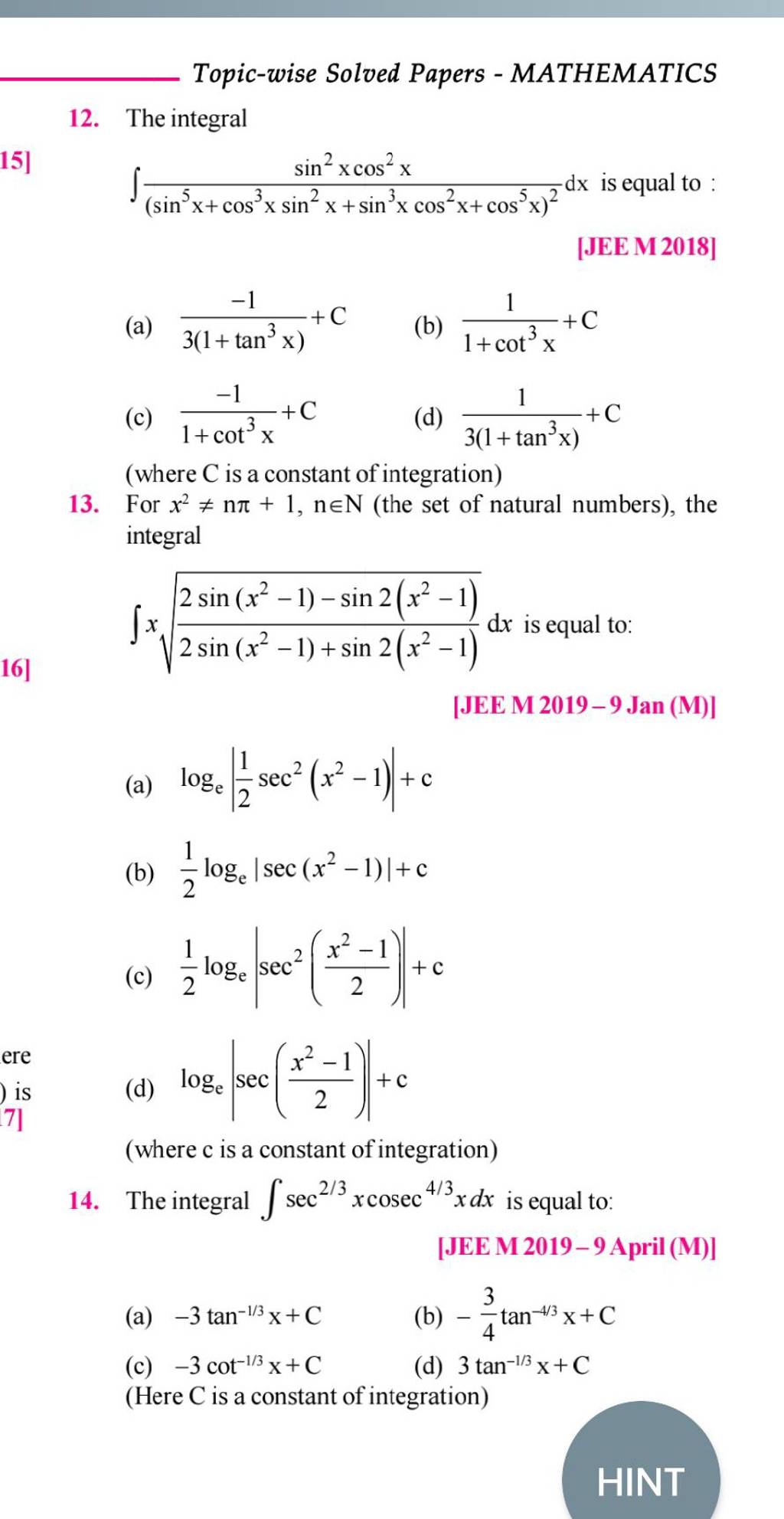  where c is a constant of integration 14 the integral sec2 3xcosec4 3x 