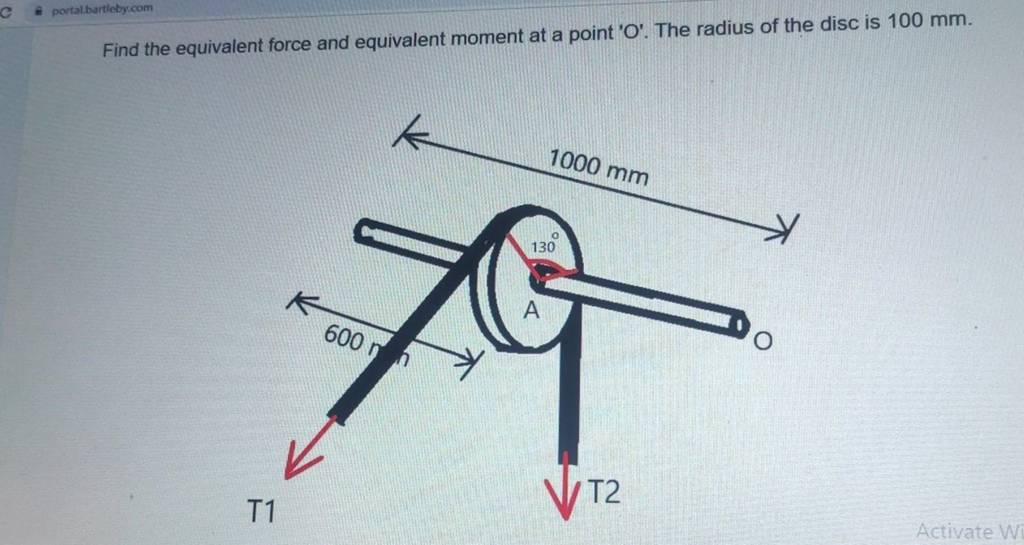 Find the equivalent force and equivalent moment at a point ' O '. The rad..