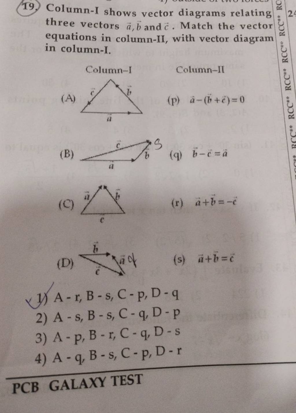 Column-I shows vector diagrams relating ≈2 three vectors a,b and c. Match..