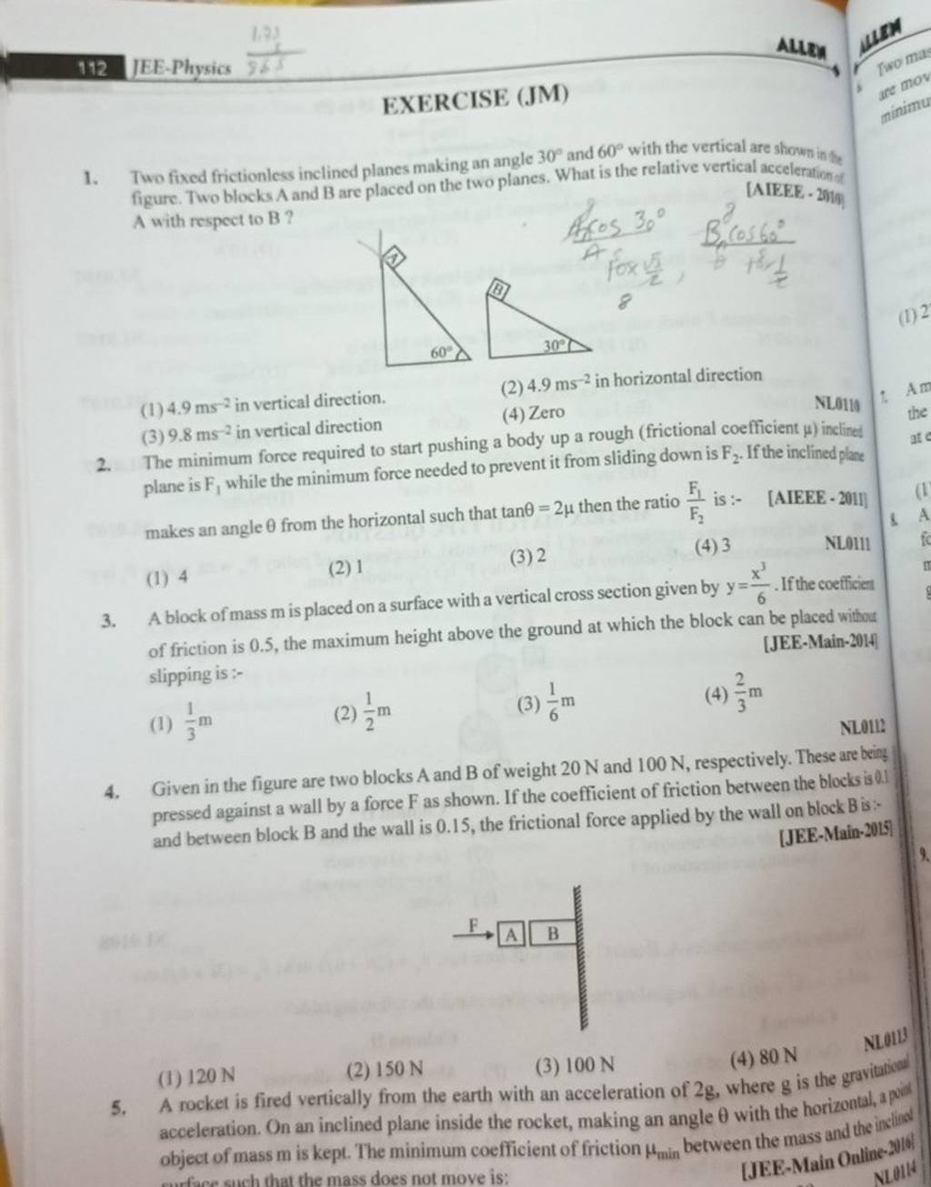 EXERCISE (JM) 1. Two fixed frictionless inclined planes making an angle 3..