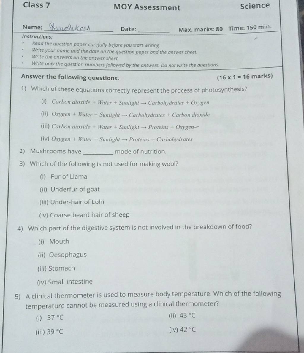 Class 7 MOY Assessment Name Rundhecsh Date Max Marks 80 Instruction Class 7 moy assessment name rundhecsh date max marks 80 instruction