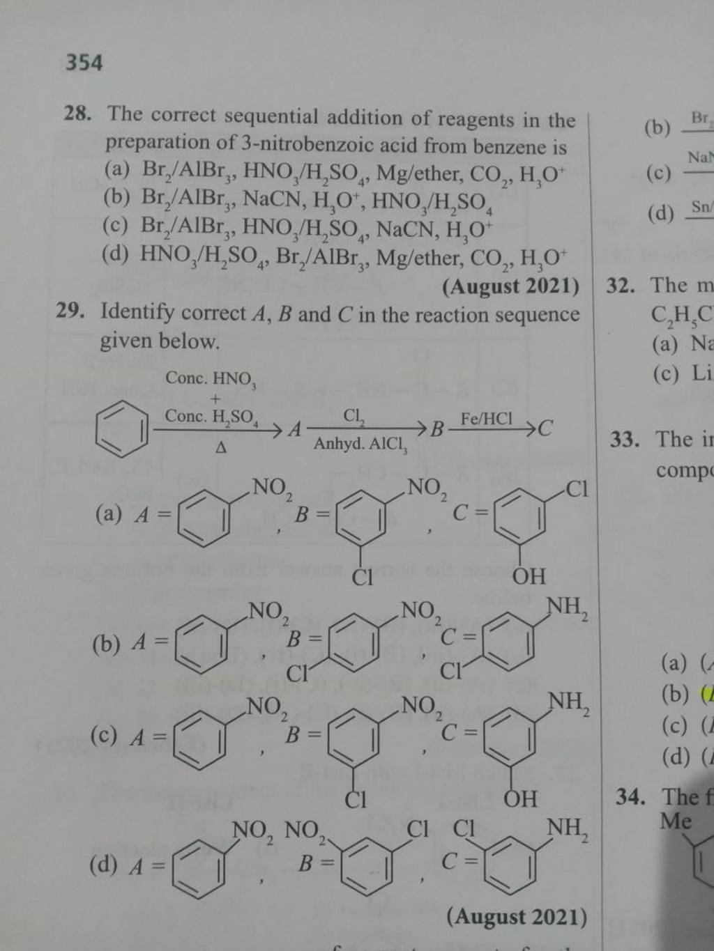 (August 2021) 29. Identify Correct A,B And C In The Reaction Sequence Giv..